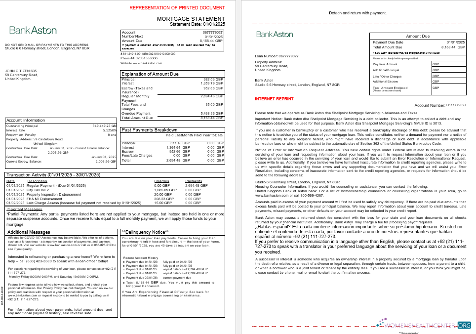 United Kingdom Bank of Aston bank mortgage statement in Word and PDF formats, 3 pages 1 2